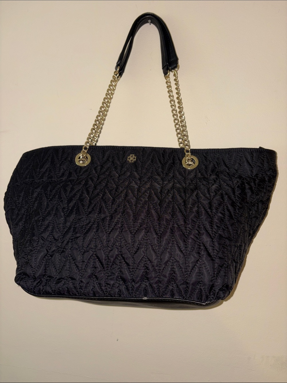 Ann Taylor Black Quilted Tote with Gold Chain Straps
